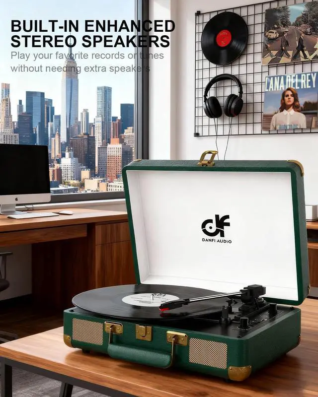 Alt view image 2 of 6 - Bluetooth Record Player, 3-Speed Portable Suitcase Turntable with Built-in Speakers, USB Recording to MP3, RCA Line Out, AUX Input, Headphone Jack, Dark Green