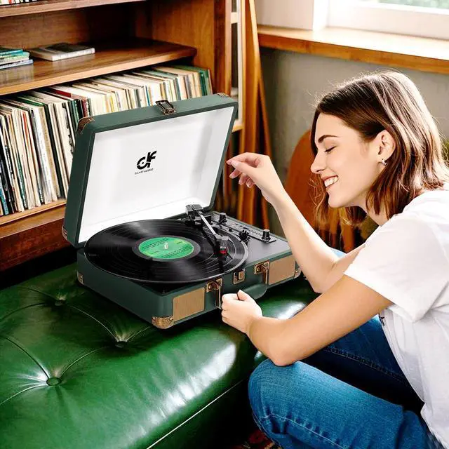 Alt view image 3 of 6 - Bluetooth Record Player, 3-Speed Portable Suitcase Turntable with Built-in Speakers, USB Recording to MP3, RCA Line Out, AUX Input, Headphone Jack, Dark Green