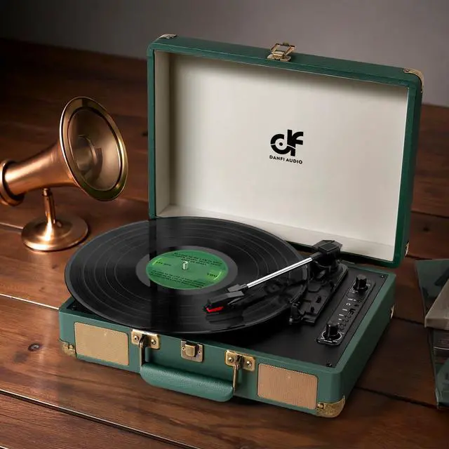 Alt view image 4 of 6 - Bluetooth Record Player, 3-Speed Portable Suitcase Turntable with Built-in Speakers, USB Recording to MP3, RCA Line Out, AUX Input, Headphone Jack, Dark Green