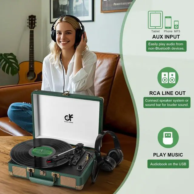 Alt view image 5 of 6 - Bluetooth Record Player, 3-Speed Portable Suitcase Turntable with Built-in Speakers, USB Recording to MP3, RCA Line Out, AUX Input, Headphone Jack, Dark Green