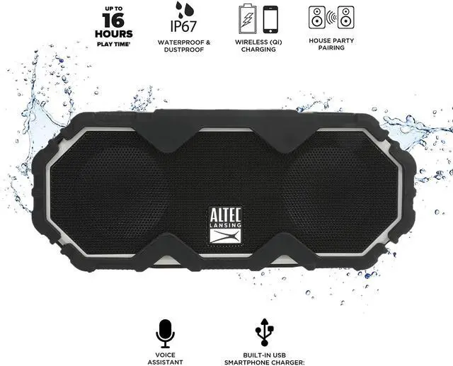 Alt view image 2 of 3 - Mini LifeJacket Jolt Bluetooth Speaker with Qi, Wireless, Waterproof, Portable, Speakers, Loud Volume, Strong Bass, Rich Stereo System, Microphone, 16 Hour Battery, 100 ft Range, Gray