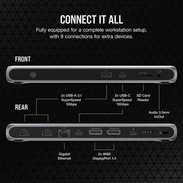 Alt view image 3 of 5 - TBT100 DP Thunderbolt 3 Dock with DisplayPort - 2X DisplayPort 1.4 at up to 4K60-2X USB Type-C 10Gbps Ports - 3X USB Type-A 5Gbps Ports