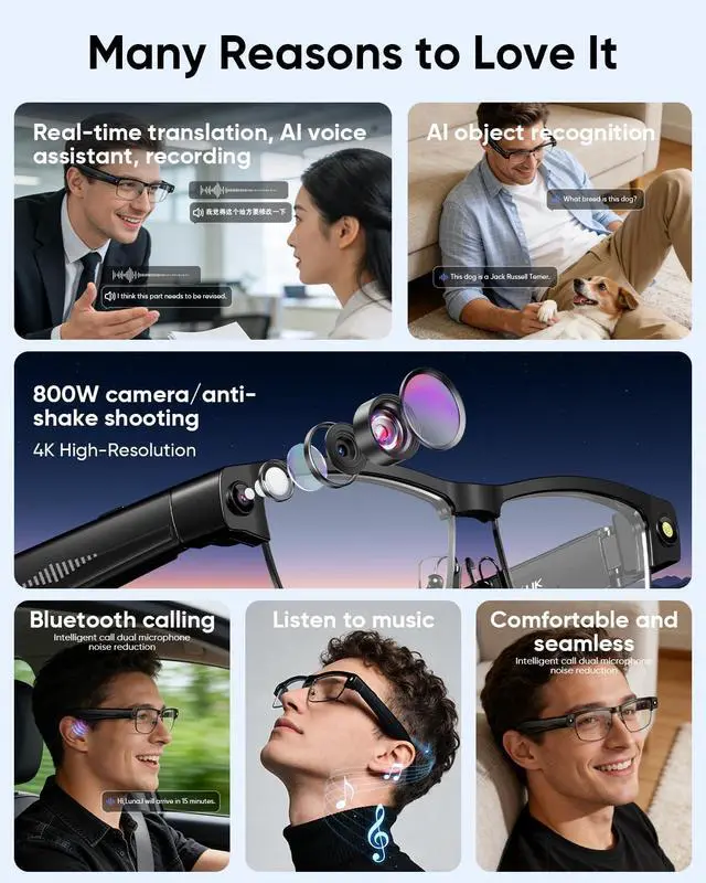 Alt view image 3 of 6 - AI Smart Glasses with Camera and Bluetooth Translation for Men with 160+Languages,4K Glasses and Video Recording Dual Mic with Chat GPT, Meeting,Driver,Travel (Black Business Half-Frame)