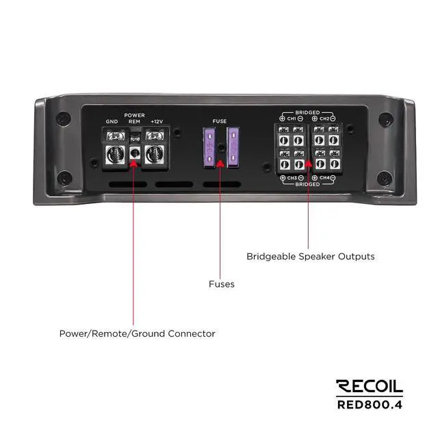 Alt view image 4 of 6 - RED800.4 Class D 4-Channel Car Amplifier Max 1600W MOSFET Power, Low Pass Filter, Subsonic Filter, for Full Range Speakers and Subwoofers