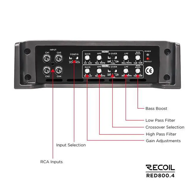 Alt view image 5 of 6 - RED800.4 Class D 4-Channel Car Amplifier Max 1600W MOSFET Power, Low Pass Filter, Subsonic Filter, for Full Range Speakers and Subwoofers