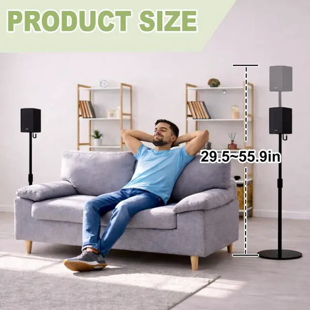 Alt view image 2 of 6 - Speaker Stands Pair for Surround Sound,Height Adjustable 29.5-55.9",Black Alloy Steel Bookshelf Speaker Stand Compatible with Bose Sony JBL Samsung Polk Yamaha,Cable Management,17lbs Capacity