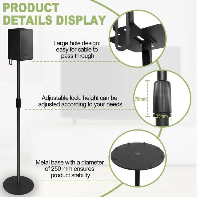 Alt view image 4 of 6 - Speaker Stands Pair for Surround Sound,Height Adjustable 29.5-55.9",Black Alloy Steel Bookshelf Speaker Stand Compatible with Bose Sony JBL Samsung Polk Yamaha,Cable Management,17lbs Capacity