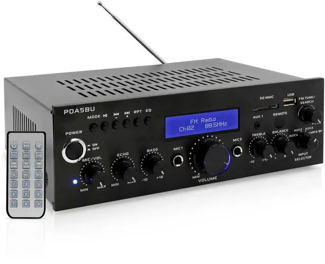 Main image of 200 Watt Audio Stereo Receiver - Wireless Bluetooth Home Power Amplifier Home Entertainment System w/ AUX IN, USB Port, DVD CD Player, AM FM Radio, 2 Karaoke Microphone Input, Remote - PDA5BU.0