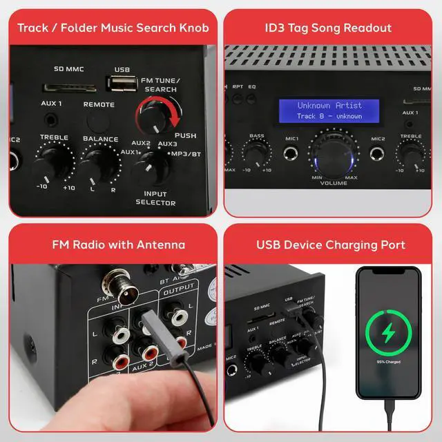 Alt view image 4 of 6 - 200 Watt Audio Stereo Receiver - Wireless Bluetooth Home Power Amplifier Home Entertainment System w/ AUX IN, USB Port, DVD CD Player, AM FM Radio, 2 Karaoke Microphone Input, Remote - PDA5BU.0