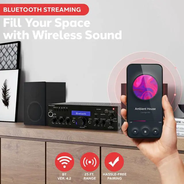 Alt view image 5 of 6 - 200 Watt Audio Stereo Receiver - Wireless Bluetooth Home Power Amplifier Home Entertainment System w/ AUX IN, USB Port, DVD CD Player, AM FM Radio, 2 Karaoke Microphone Input, Remote - PDA5BU.0