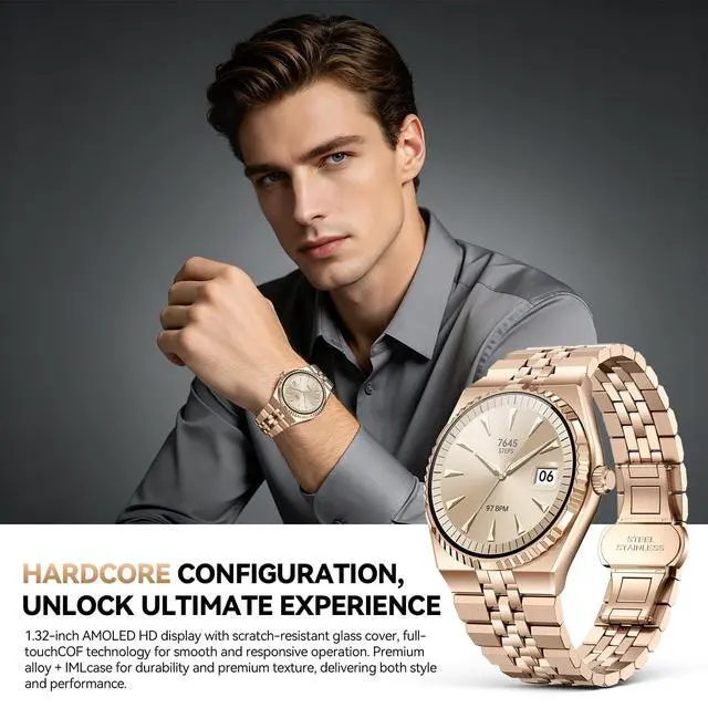 Alt view image 2 of 6 - Business Luxury Smartwatch, 1.32" AMOLED HD Screen, Bluetooth 5.4 Calls, Stainless Steel Strap, 160+ Sports Modes, Fitness Watch with Heart Rate/SpO2/Sleep/Blood Pressure Monitor, iOS and Android Gold