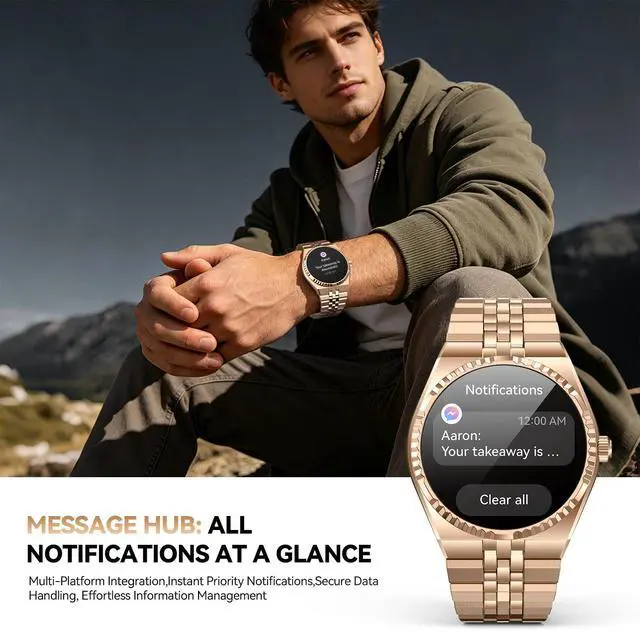 Alt view image 5 of 6 - Business Luxury Smartwatch, 1.32" AMOLED HD Screen, Bluetooth 5.4 Calls, Stainless Steel Strap, 160+ Sports Modes, Fitness Watch with Heart Rate/SpO2/Sleep/Blood Pressure Monitor, iOS and Android Gold