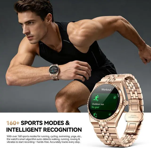Alt view image 6 of 6 - Business Luxury Smartwatch, 1.32" AMOLED HD Screen, Bluetooth 5.4 Calls, Stainless Steel Strap, 160+ Sports Modes, Fitness Watch with Heart Rate/SpO2/Sleep/Blood Pressure Monitor, iOS and Android Gold