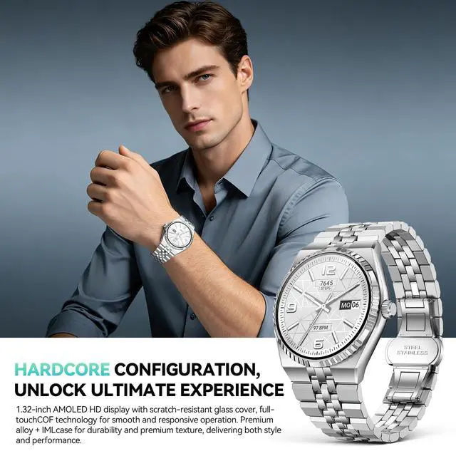 Alt view image 2 of 6 - Smart Watch with 1.32" AMOLED Display, Bluetooth 5.4 Calls, 160+ Sports Modes, Fitness Tracker with Heart Rate/SpO2/Blood Pressure/Sleep Monitor, Waterproof Watch for Men Women Android and iOS Silver