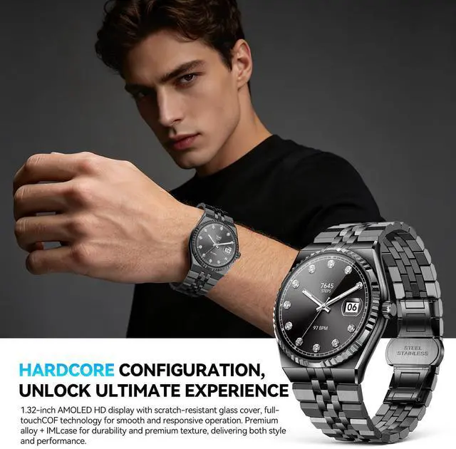 Alt view image 2 of 6 - Luxury Smart Watch with Bluetooth Calls, Heart Rate/Blood Pressure/Blood Oxygen/Sleep Monitor, 1.32" AMOLED Display, 160+ Sports Modes, IP68 Waterproof, Compatible with iOS Android for Men Women Black