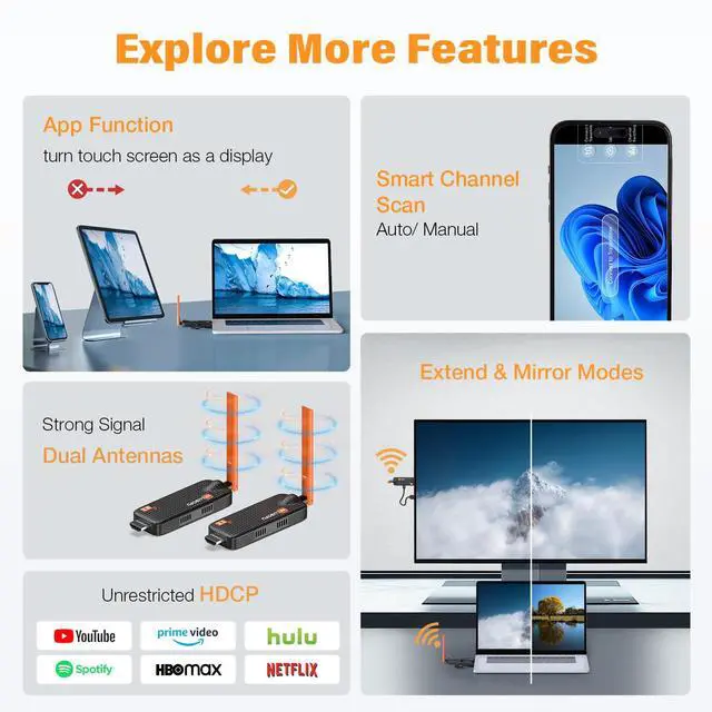 Alt view image 5 of 6 - Wireless HDMI Transmitter and Receiver, 4K/1080P, 5.8G, 656FT, Up to 6 RXs HDMI Splitter for Streaming Video/Audio from Laptop, PC, CCTV, Cable Box to Multiple TVs, Monitors, Projectors
