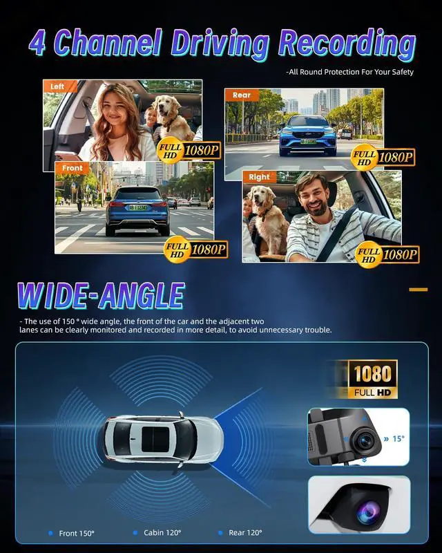 Alt view image 6 of 6 - 12'' Rearview Mirror Camera for Cars, 360 Degree View 4 Channel Cam, 1080Px4 Rear View Mirror Cam, IR Night Vision for Left and Right Inside Car Camera, GPS, WiFi/APP Control + 64GB Card