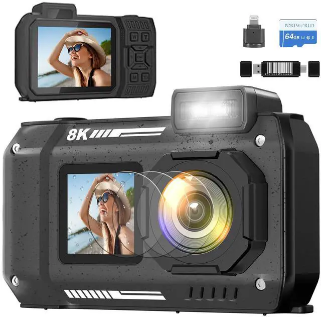 Main image of 8K Waterproof Digital Camera Snorkeling: 70MP 33FT Compact Rugged Underwater Camera HD Dual-Screen with 18X Zoom Selfie 64GB Card & 2500 mAh Battery for Outdoor Scuba Diving Fishing Swimming Black