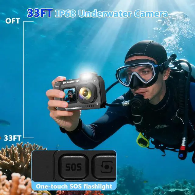 Alt view image 3 of 6 - 8K Waterproof Digital Camera Snorkeling: 70MP 33FT Compact Rugged Underwater Camera HD Dual-Screen with 18X Zoom Selfie 64GB Card & 2500 mAh Battery for Outdoor Scuba Diving Fishing Swimming Black
