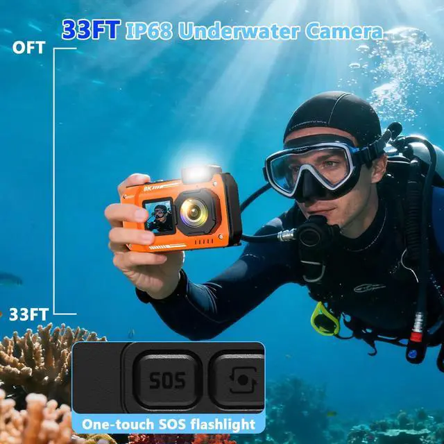 Alt view image 3 of 6 - 8K Underwater Camera 33FT Waterproof Camera with 64GB Card 70MP 18X Zoom Waterproof Digital Camera Auto Focus Dual-Screen Selfie 2500mAh Battery Dustproof Shockproof