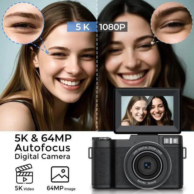 Alt view image 2 of 6 - 5K Digital Camera for Photography 64MP WiFi Vlogging Camera for YouTube Auto-Focus Video Camera with Flip Screen Compact Digital Cameras with Batteries, Selfie Light, Desktop Tripod