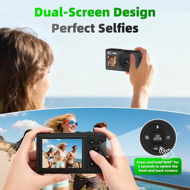 Alt view image 2 of 6 - 5K 80MP Digital Cameras for Photography with Dual Screen, Autofocus Vlogging Camera for YouTube,Compact Point and Shoot Camera Good for Beginners Teen
