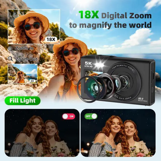 Alt view image 5 of 6 - 5K 80MP Digital Cameras for Photography with Dual Screen, Autofocus Vlogging Camera for YouTube,Compact Point and Shoot Camera Good for Beginners Teen