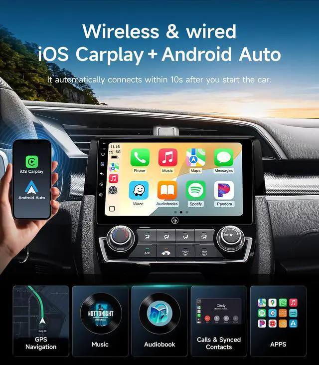 Alt view image 3 of 6 - Car Stereo Radio for 2016-2021 Honda Civic with Wireless CarPlay Android Auto 9 Inch Touchscreen 5G WiFi GPS Navigation 1080P Backup Camera AM FM Radio Bluetooth