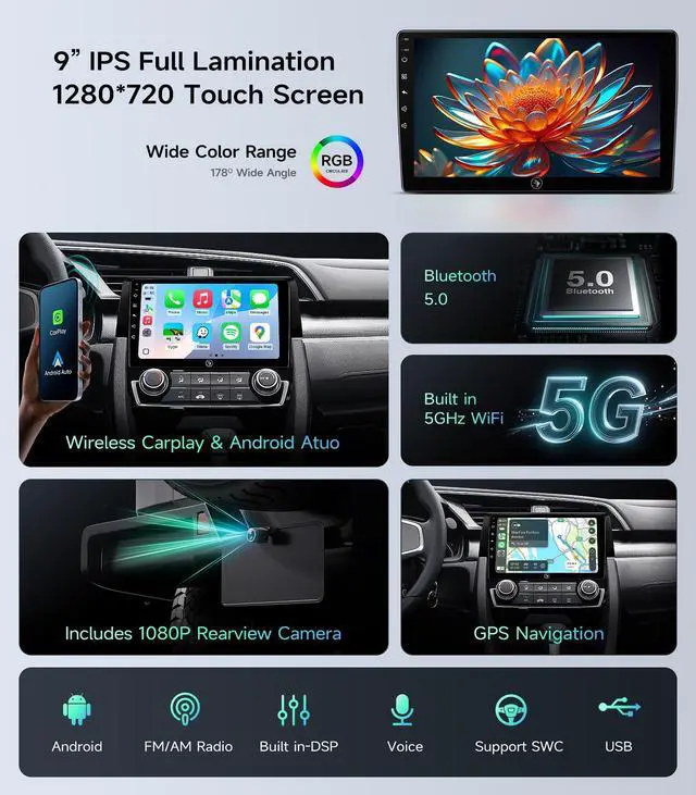 Alt view image 6 of 6 - Car Stereo Radio for 2016-2021 Honda Civic with Wireless CarPlay Android Auto 9 Inch Touchscreen 5G WiFi GPS Navigation 1080P Backup Camera AM FM Radio Bluetooth
