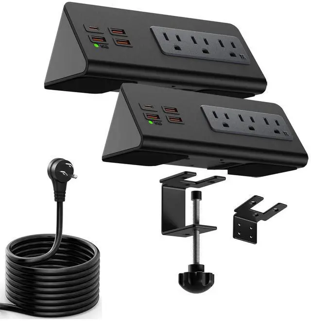 Main image of Upgraded Version Edge Mount Power Strip with USB-C Ports Tabletop Surge Protector Desk Clamp Power Sockets with 3 AC Outlets &4 Fast Charging USB Ports for Home Office Hotel Dormitory (Black - 2pack)