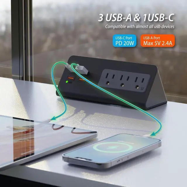 Alt view image 2 of 6 - Upgraded Version Edge Mount Power Strip with USB-C Ports Tabletop Surge Protector Desk Clamp Power Sockets with 3 AC Outlets &4 Fast Charging USB Ports for Home Office Hotel Dormitory (Black - 2pack)