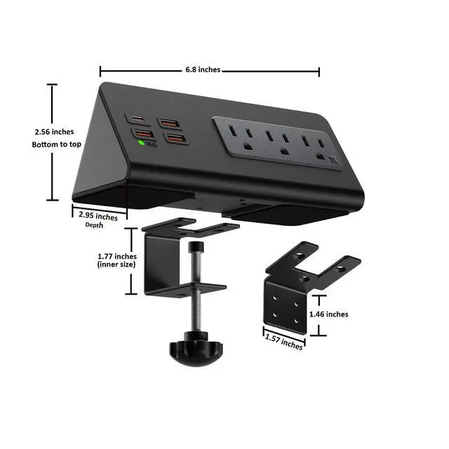 Alt view image 3 of 6 - Upgraded Version Edge Mount Power Strip with USB-C Ports Tabletop Surge Protector Desk Clamp Power Sockets with 3 AC Outlets &4 Fast Charging USB Ports for Home Office Hotel Dormitory (Black - 2pack)