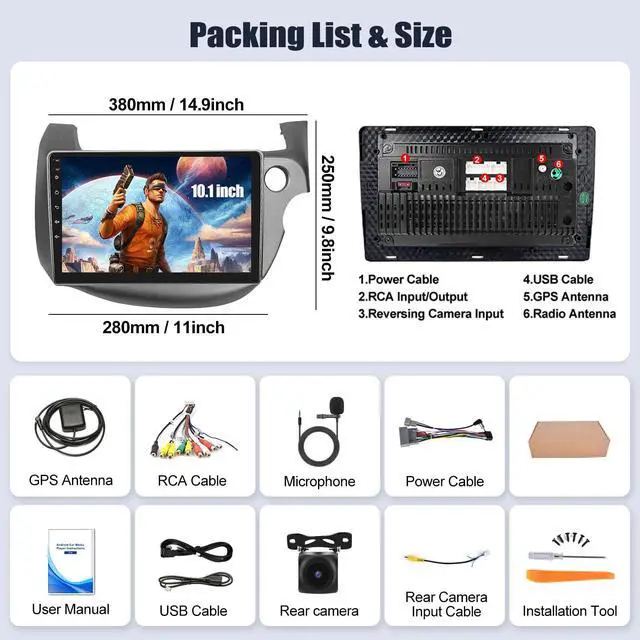 Alt view image 3 of 6 - Android 13 Car Stereo for Honda Fit Jazz 2008-2013 Right Drive 10.1 Inch Touch Screen 4G+64G CarPlay Android Auto Car Radio Bluetooth GPS Navigation HiFi WiFi FM SWC Backup Camera MIC