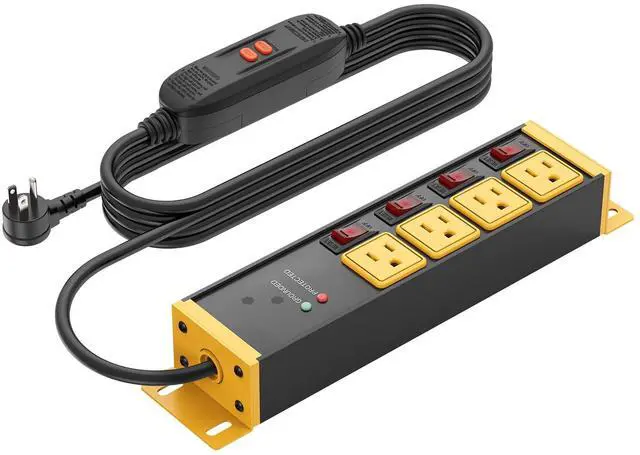 Main image of Heavy Duty Surge Protector Power Strip 20 Amp Individual Switches. Industrial GFCI Multiple Outlets Extender 12 Gauge 10 FT Extension Cord. Yellow High-Amp 4 Plugs for Shop Garage Kitchen