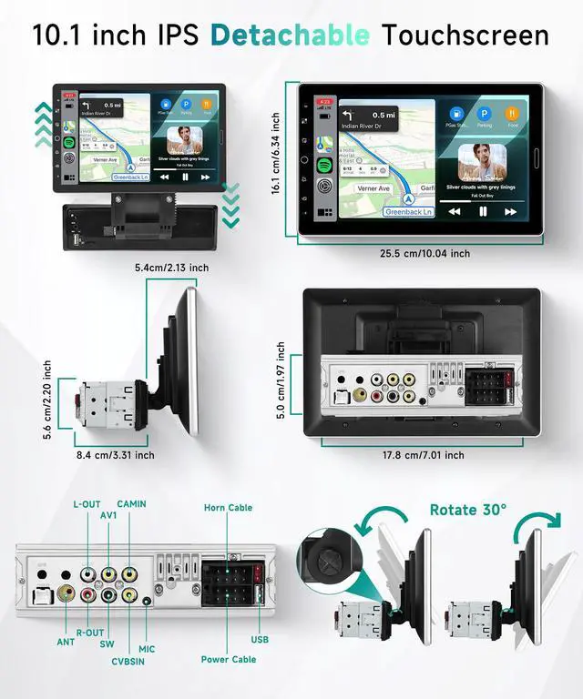 Alt view image 2 of 6 - 10.1 inch Single Din Car Stereo with FM/RDS Wireless Carplay Android Auto Backup Camera, Single Din Detachable Screen Radio Support Bluetooth YouTube MirrorLink EQ USB/AUX/TF SWC