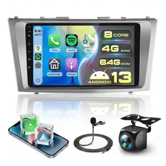 Main image of 8 CORE 4G+64G Car Radio for Toyota Camry 2006-2011 with Wireless CarPlay/Android Auto, 9 Inch 1280 * 720P IPS Touch Screen Stereo Android 13 GPS WiFi Bluetooth 32-Band DSP SWC HD Backup Camera
