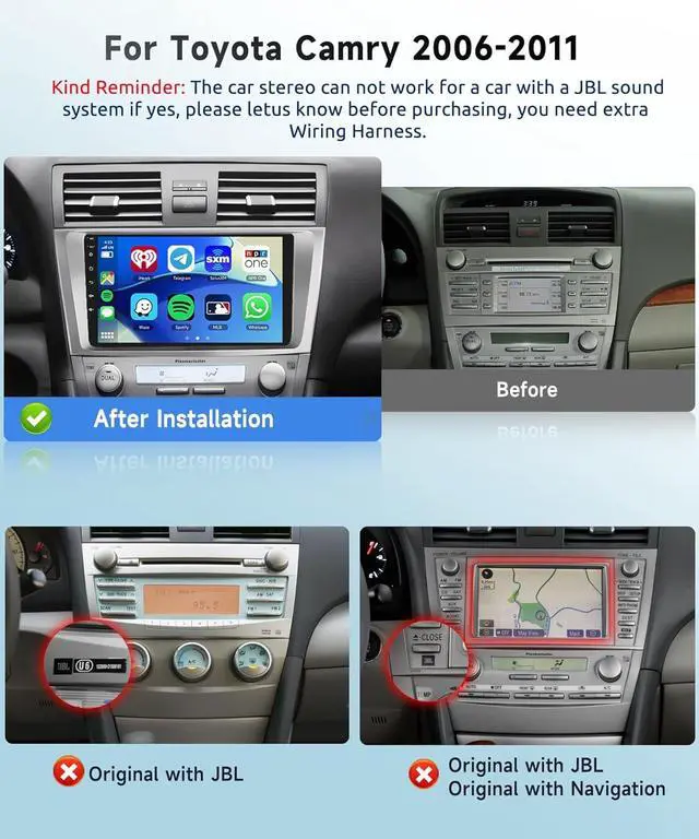 Alt view image 2 of 6 - 8 CORE 4G+64G Car Radio for Toyota Camry 2006-2011 with Wireless CarPlay/Android Auto, 9 Inch 1280 * 720P IPS Touch Screen Stereo Android 13 GPS WiFi Bluetooth 32-Band DSP SWC HD Backup Camera