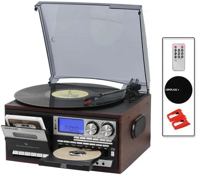 Main image of All in One Vintage 3 Speed Vinyl Record Player with Built-in Speakers,Bluetooth in/Out Turntable,CD Player/Cassette/USB/TF Card,AUX in,FM/AM Radio,RCA Out,Recording