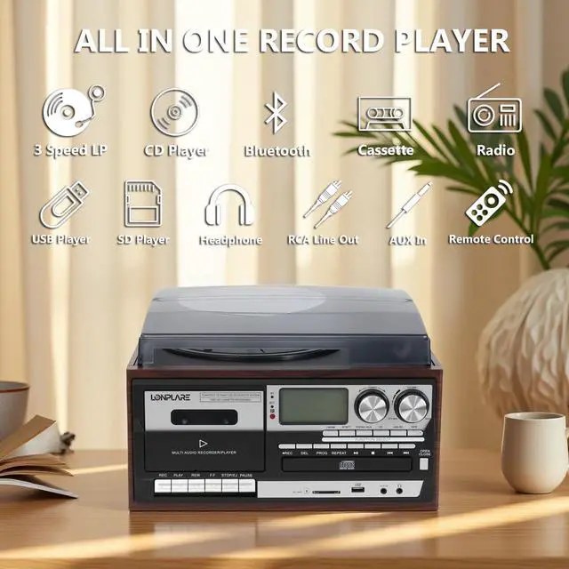 Alt view image 2 of 6 - All in One Vintage 3 Speed Vinyl Record Player with Built-in Speakers,Bluetooth in/Out Turntable,CD Player/Cassette/USB/TF Card,AUX in,FM/AM Radio,RCA Out,Recording