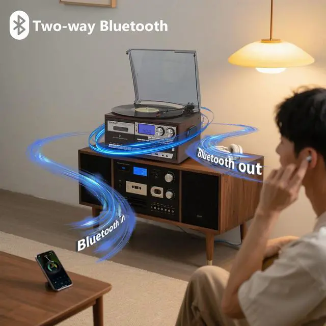 Alt view image 3 of 6 - All in One Vintage 3 Speed Vinyl Record Player with Built-in Speakers,Bluetooth in/Out Turntable,CD Player/Cassette/USB/TF Card,AUX in,FM/AM Radio,RCA Out,Recording