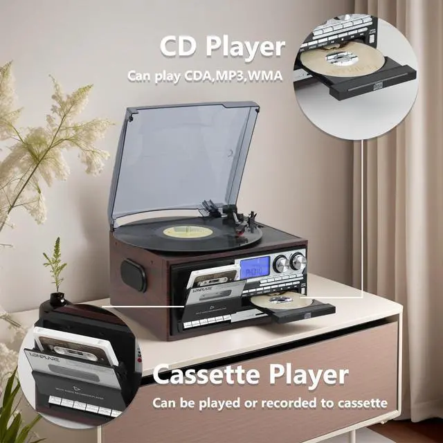 Alt view image 4 of 6 - All in One Vintage 3 Speed Vinyl Record Player with Built-in Speakers,Bluetooth in/Out Turntable,CD Player/Cassette/USB/TF Card,AUX in,FM/AM Radio,RCA Out,Recording