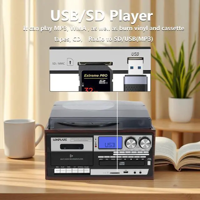 Alt view image 6 of 6 - All in One Vintage 3 Speed Vinyl Record Player with Built-in Speakers,Bluetooth in/Out Turntable,CD Player/Cassette/USB/TF Card,AUX in,FM/AM Radio,RCA Out,Recording