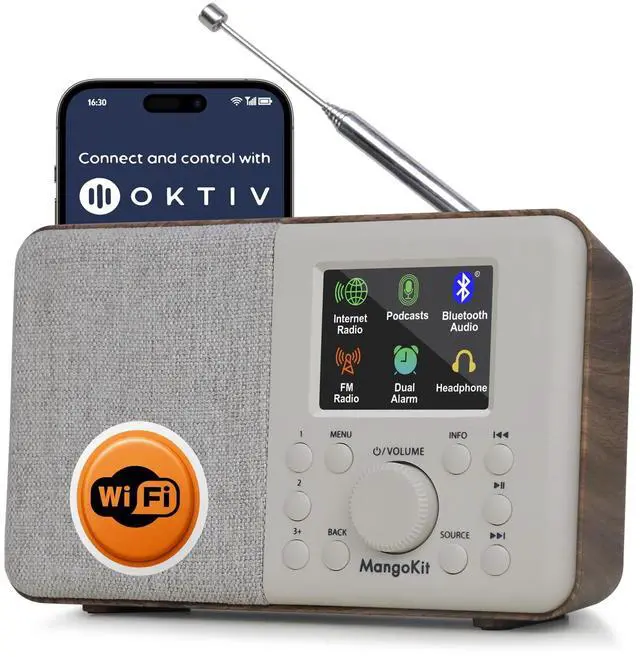 Main image of SR10 Bluetooth 5.3, Podcast Player, Portable FM Radio, Mains or AA Battery Powered, Color Display, 60 Presets, Dual Alarms, App Control Support-Walnut