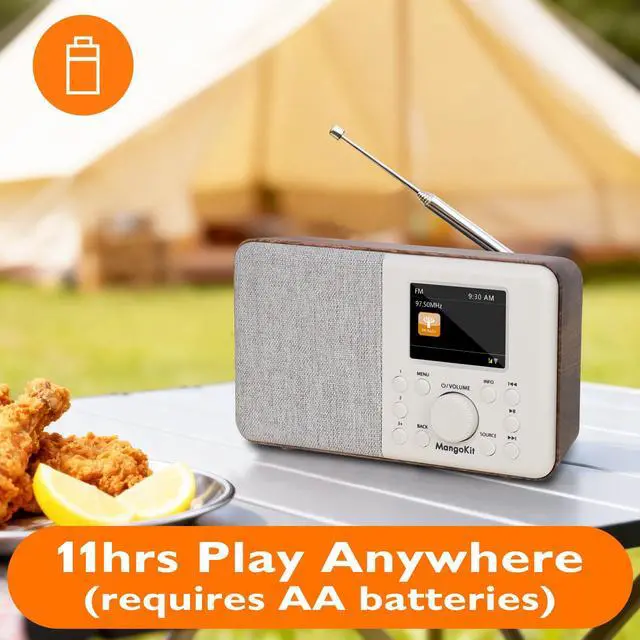 Alt view image 6 of 6 - SR10 Bluetooth 5.3, Podcast Player, Portable FM Radio, Mains or AA Battery Powered, Color Display, 60 Presets, Dual Alarms, App Control Support-Walnut