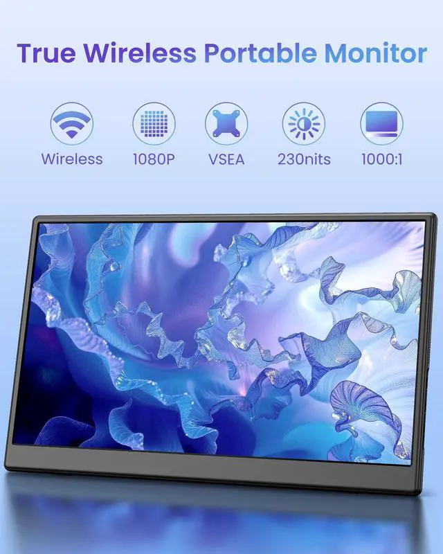Alt view image 2 of 6 - 15.6inch Wireless Portable Monitor, FHD 1080P IPS Display USB-C HDMI Travel Monitor with Foldable Stand,G-Sensor & Speakers,Plug&Play,External Monitor for Laptop PC Phone PS4/5 Xbox Switch