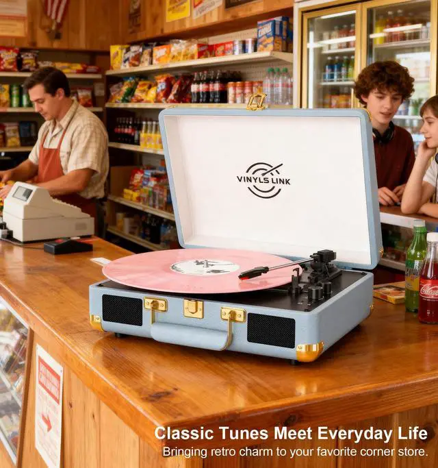 Alt view image 2 of 6 - VINYLSLINK Bluetooth Vinyl Record Player, 3-Speed Portable Turntable with Treble & Bass Control, Built-in Stereo Speakers, Belt-Driven LP Player with RCA & Headphone Jack, Vintage Blue Design