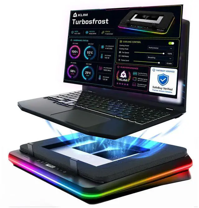 Main image of Turbofrost Laptop Cooling Pad for Gaming 4 x 4000 RPM Turbo Fans, RGB Lighting, 4 USB Ports, Dual Power (USB-C/DC), Sealed Foam for Fast Cooling Fits Up to 17 Laptops Grey Space
