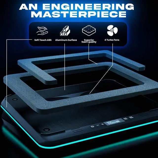 Alt view image 3 of 6 - Turbofrost Gaming Laptop Cooling Pad - 4 Powerful Turbo Fans - 4 x 4000 RPM, Dynamic RGB, 4-Ports USB, Laptop Cooler 2 Power Modes USB-C/DC, Sealed Foam for Fast Cooling - Up to 17in - Black