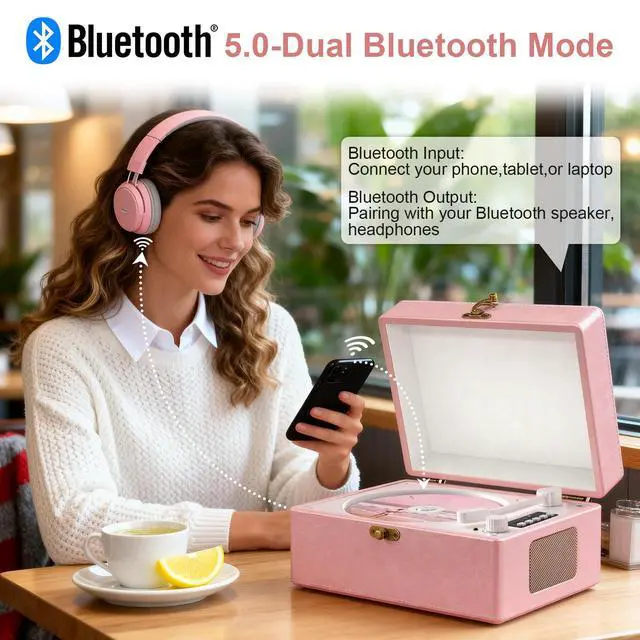 Alt view image 3 of 6 - Retro CD Player with Bluetooth in&Out Portable Music Player for Relaxing Anywhere,Auto Power Off,USB,AUX,Headphone Jack,Vintage CD Player for Music Lovers,Birthday Gifts for Women/Men-Pink