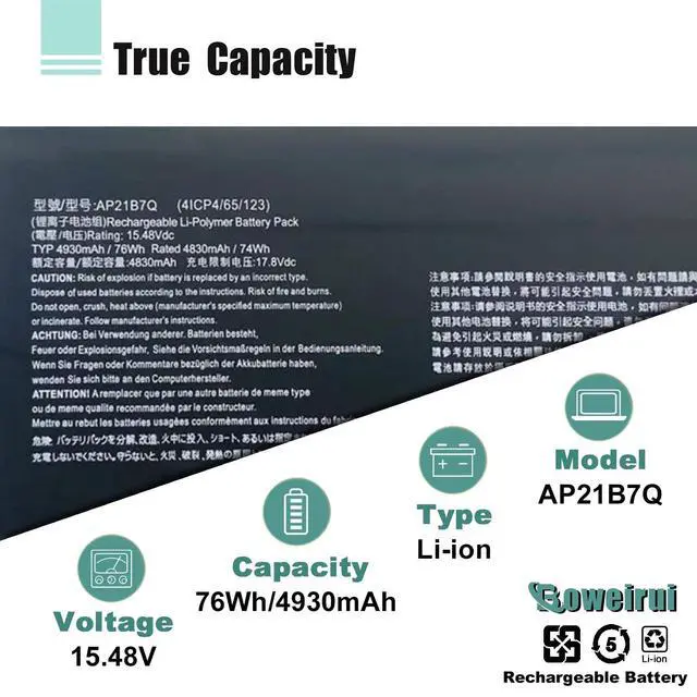 Alt view image 3 of 6 - AP21B7Q Laptop Battery Replacement for Acer Predator Triton 300 SE PT314 51S 51NZ 52ML, for Swift Edge SFX16-61G Swift X 14 SFX14-71G Swift X SFX14-71G 52ZX 5911 74EQ Series 76Wh 4930mAh